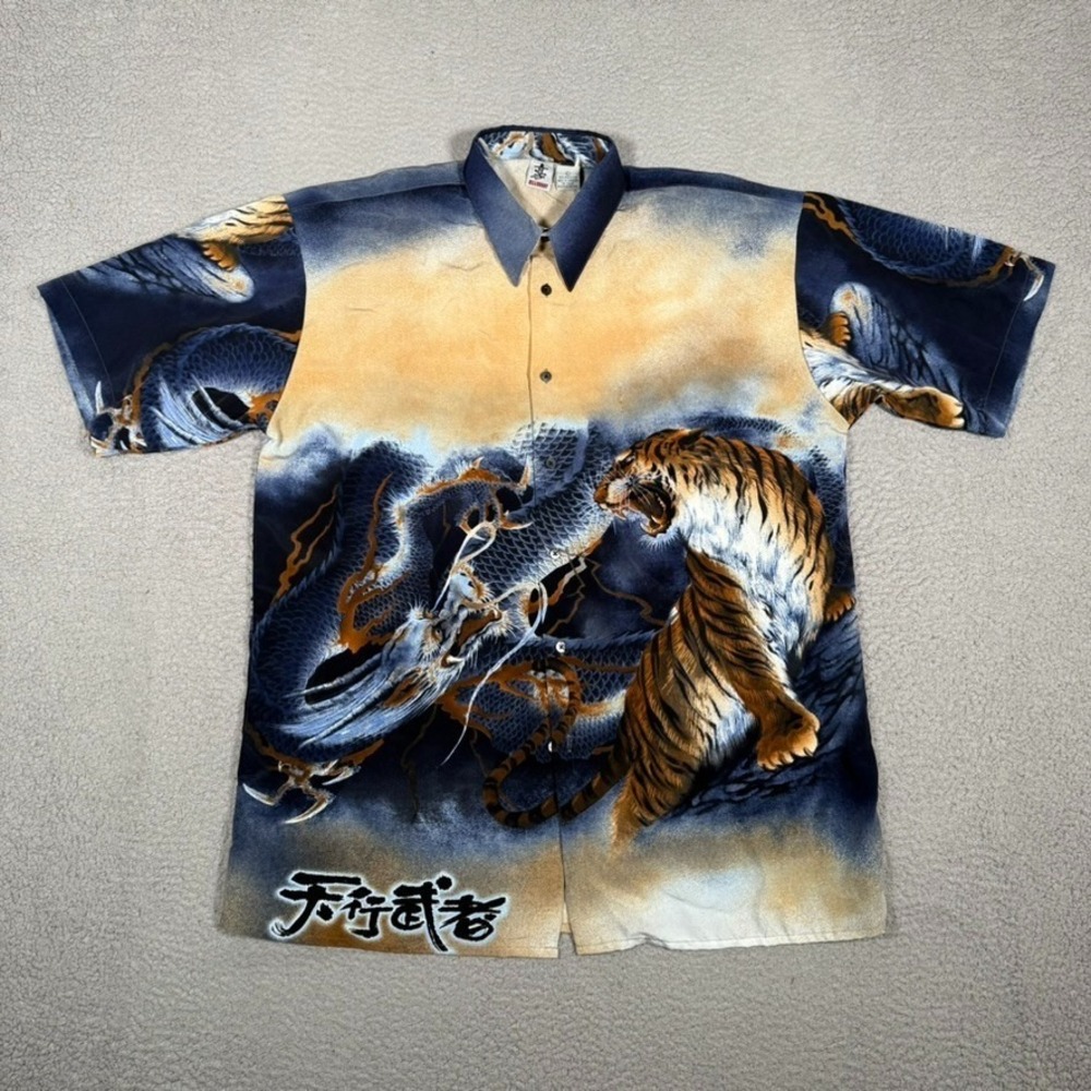 Billion Bay Shirt Mens Large Vintage Dragon Tiger All Over Print Y2K Polyester